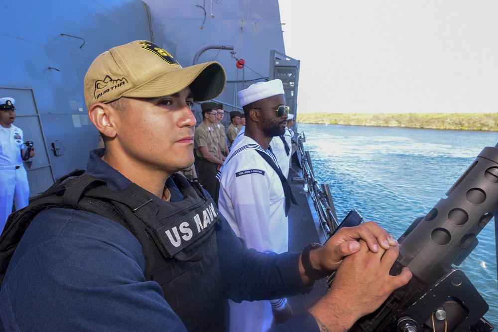 USS John P. Murtha (LPD 26) Manning The Rails For USS Arizona Memorial