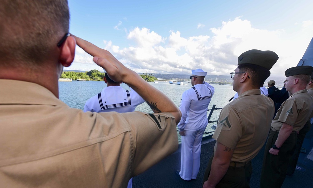 USS John P. Murtha (LPD 26) Manning The Rails For USS Arizona Memorial