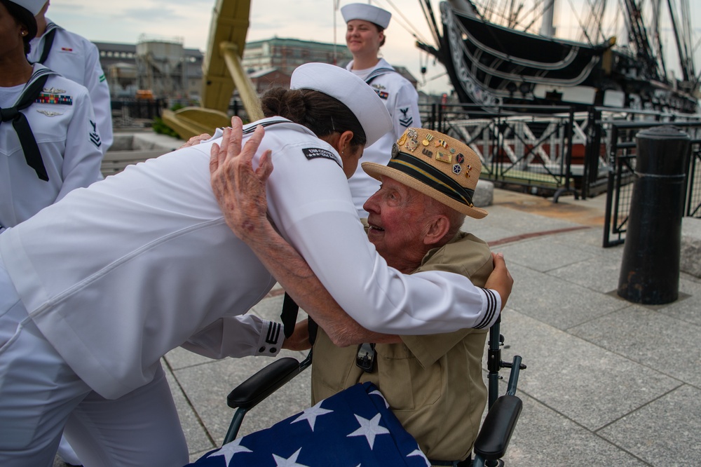 USS Constitution Sailors host, World War II veteran, son of Medal of Honor recipient and Patriot Flag