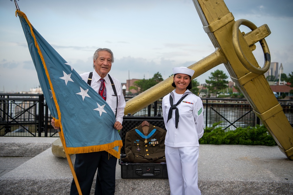 USS Constitution Sailors host, World War II veteran, son of Medal of Honor recipient and Patriot Flag