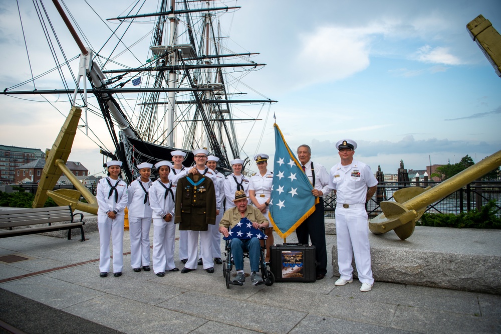 USS Constitution Sailors host, World War II veteran, son of Medal of Honor recipient and Patriot Flag