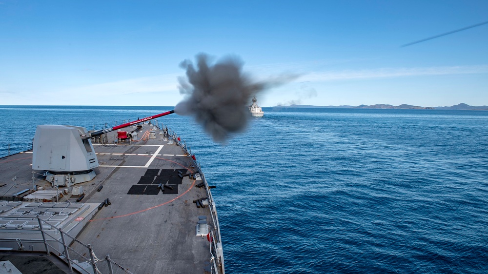 USS Rafael Peralta (DDG 115) fires the 5-inch gun for Naval Surface Fire Support during Exercise Talisman Sabre 21