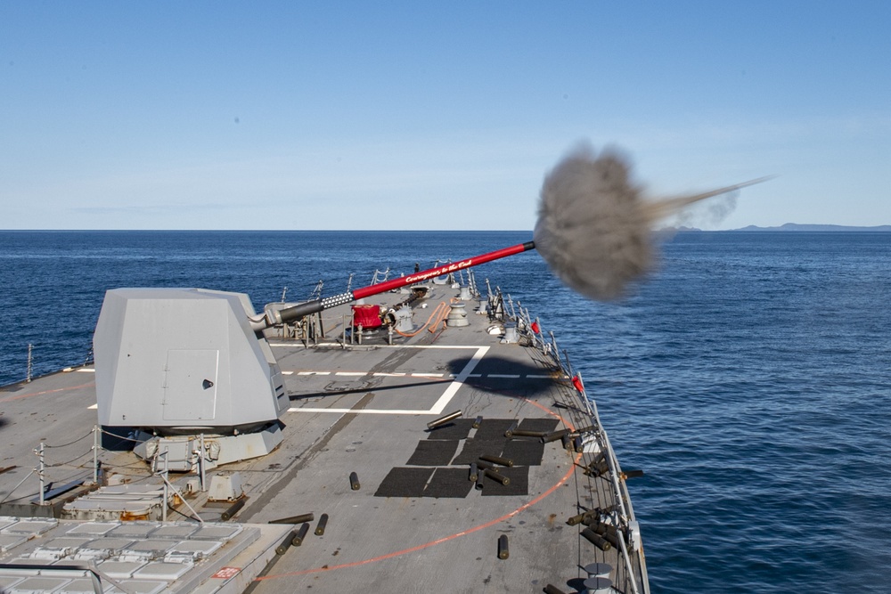 USS Rafael Peralta (DDG 115) fires the 5-inch gun for Naval Surface Fire Support during Exercise Talisman Sabre 21