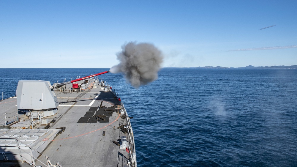 USS Rafael Peralta (DDG 115) fires the 5-inch gun for Naval Surface Fire Support during Exercise Talisman Sabre 21