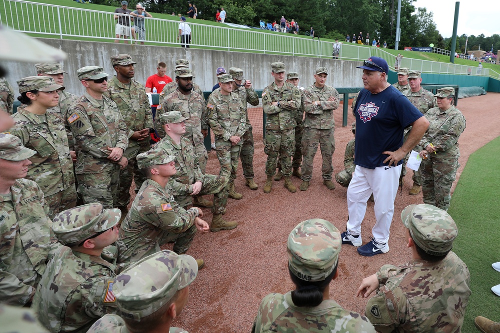 The USA Baseball Olympic Team hosts North Carolina National Guard Soldiers  at the USA Baseball National Training Complex in Cary, North Carolina, July  18, 2021. The Soldiers, during a ceremony before the