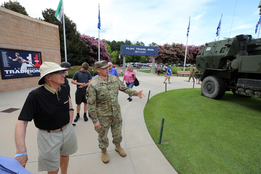 The USA Baseball Olympic Team hosts North Carolina National Guard Soldiers  at the USA Baseball National Training Complex in Cary, North Carolina, July  18, 2021. The Soldiers, during a ceremony before the