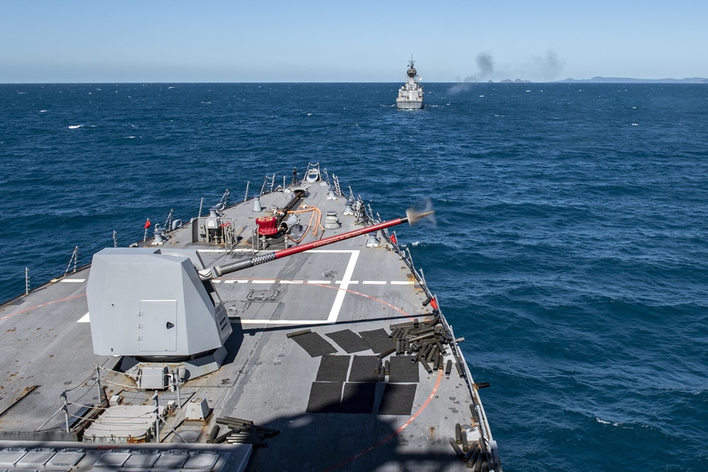 USS Rafael Peralta (DDG 115) fires the 5-inch gun for Naval Surface Fire Support during Exercise Talisman Sabre 21