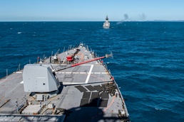 USS Rafael Peralta (DDG 115) fires the 5-inch gun for Naval Surface Fire Support during Exercise Talisman Sabre 21