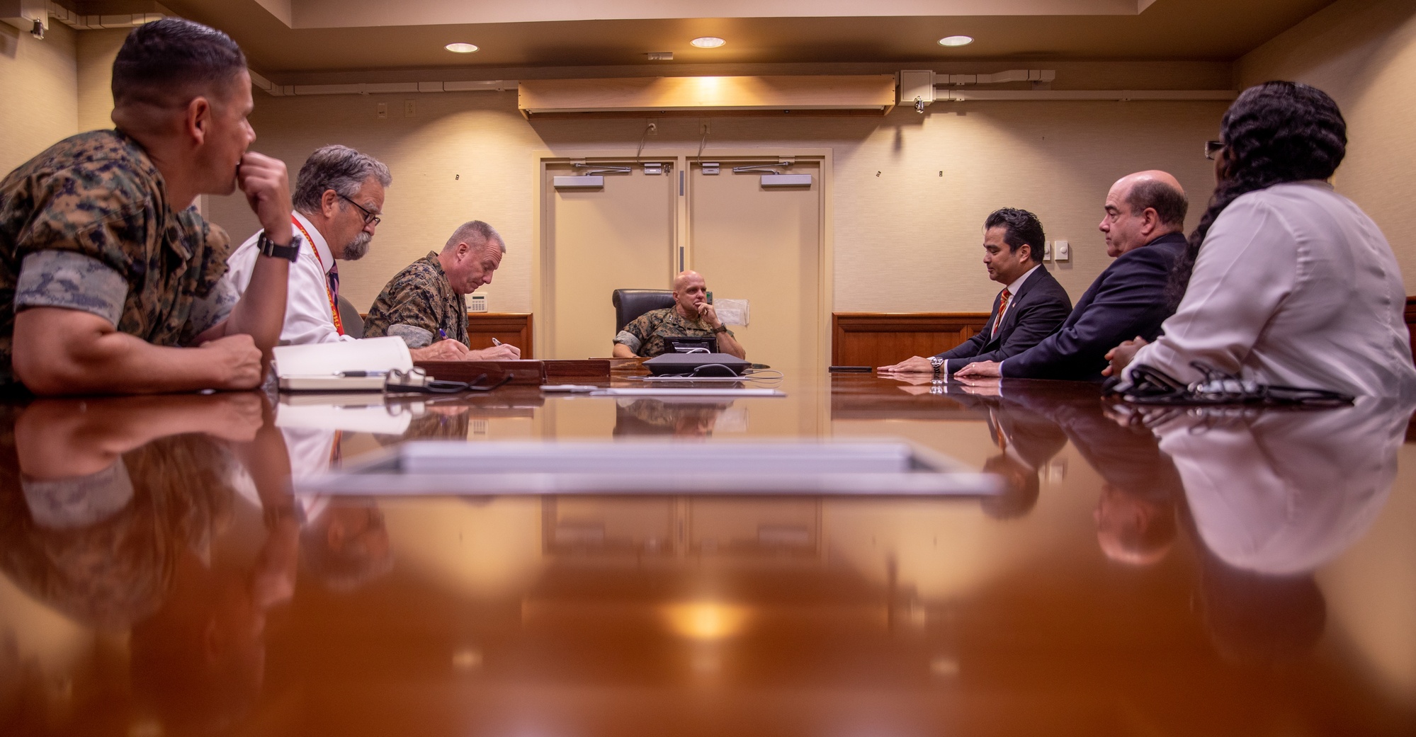 From left to right) Sgt. Maj. Carlos A. Ruiz, sergeant major of Marine  Forces Reserve and Marine Forces South, Rico Alvendia, the captain of the  Legion of Mars, Lt. Gen. David G.