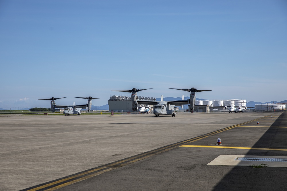V-22 Osprey and C-146 Wolfhound aircraft staged on MCAS Iwakuni