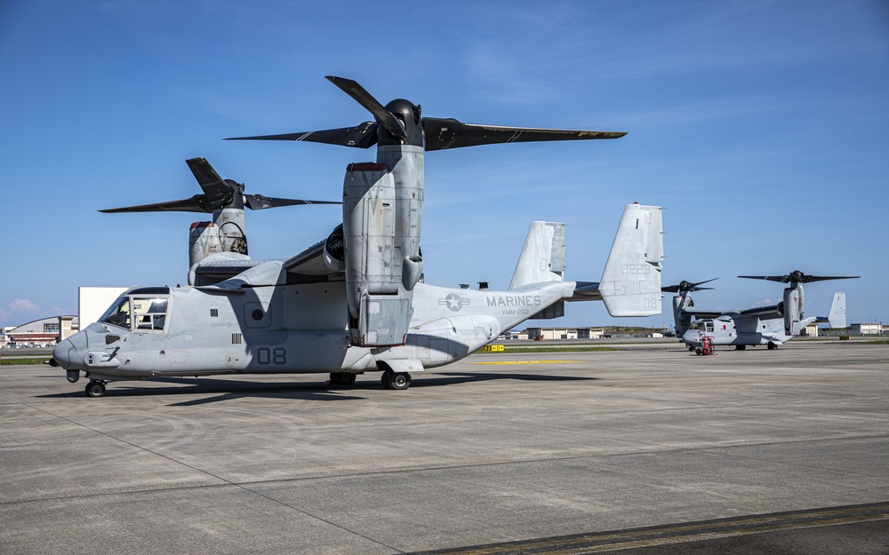 V-22 Osprey and C-146 Wolfhound aircraft staged on MCAS Iwakuni