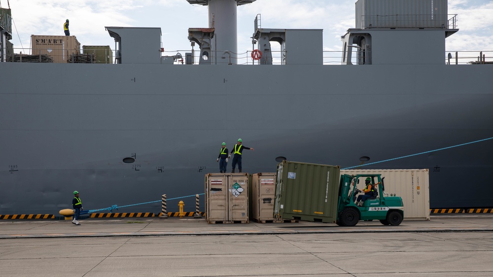 Personnel with the 836th Transport Battalion load cargo onto USNS Fisher