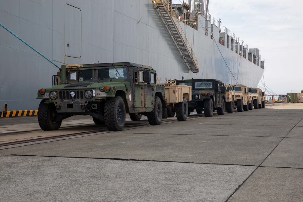 Personnel with the 836th Transport Battalion load cargo onto USNS Fisher