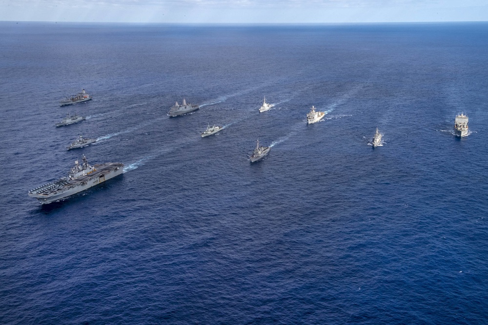 The ships of the USS America (LHA 6) Expeditionary Strike Group steam in formation during Talisman Sabre (TS) 21