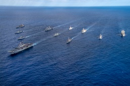 The ships of the USS America (LHA 6) Expeditionary Strike Group steam in formation during Talisman Sabre (TS) 21