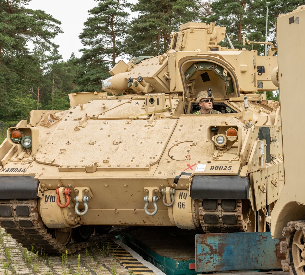 1st Armored Brigade Combat Team, 1st Infantry Division and 49th Transportation Battalion, 16th Sustainment Brigade conduct rail operations in Żagań, Poland.