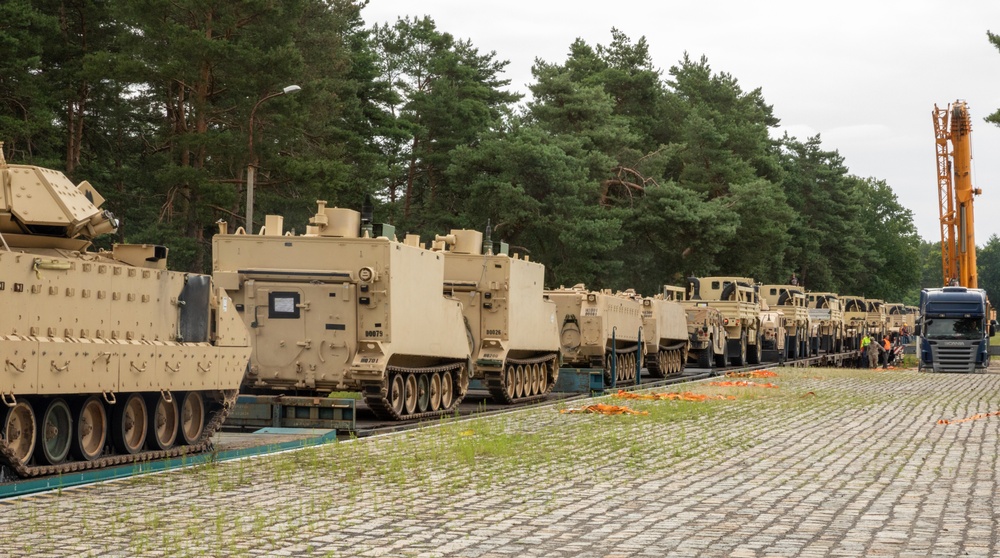 1st Armored Brigade Combat Team, 1st Infantry Division and 49th Transportation Battalion, 16th Sustainment Brigade conduct rail operations in Żagań, Poland.