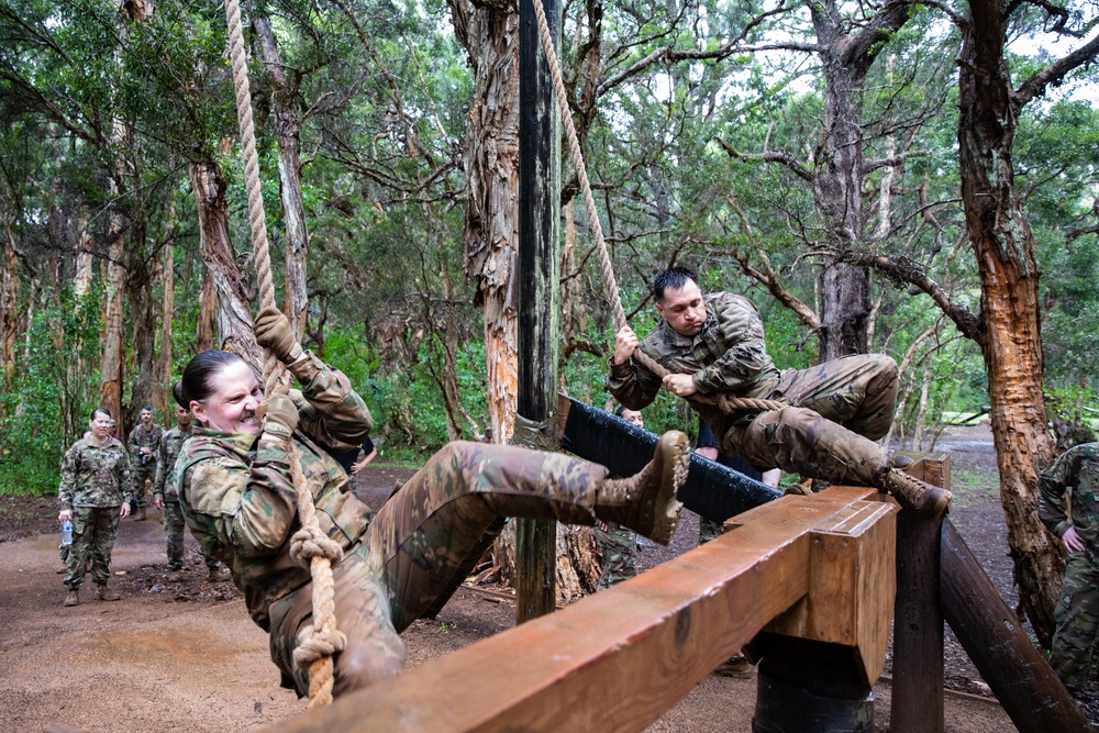 U.S Army Medical Command (MEDCOM) Sergeants Maj. Conduct the Air Assault Obstacle Course During land validation of the 2021 MEDCOM Best Leader Competition