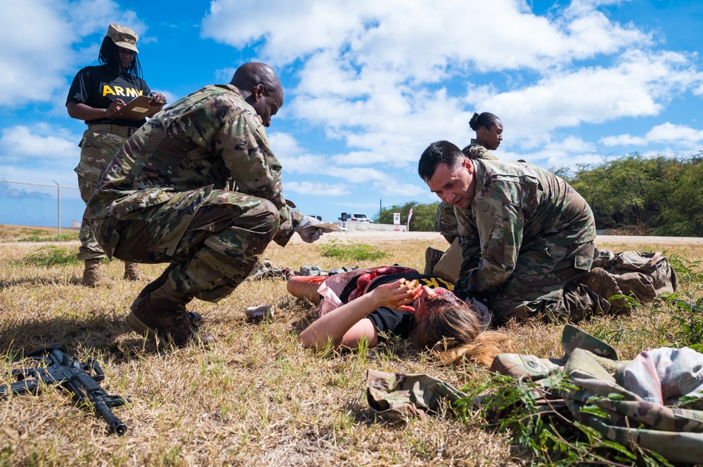 U.S. Army Medical Command (MEDCOM) Command Sergeants Maj. provide medical aid during the validation portion of the MEDCOM 2021 Best Leader Competition