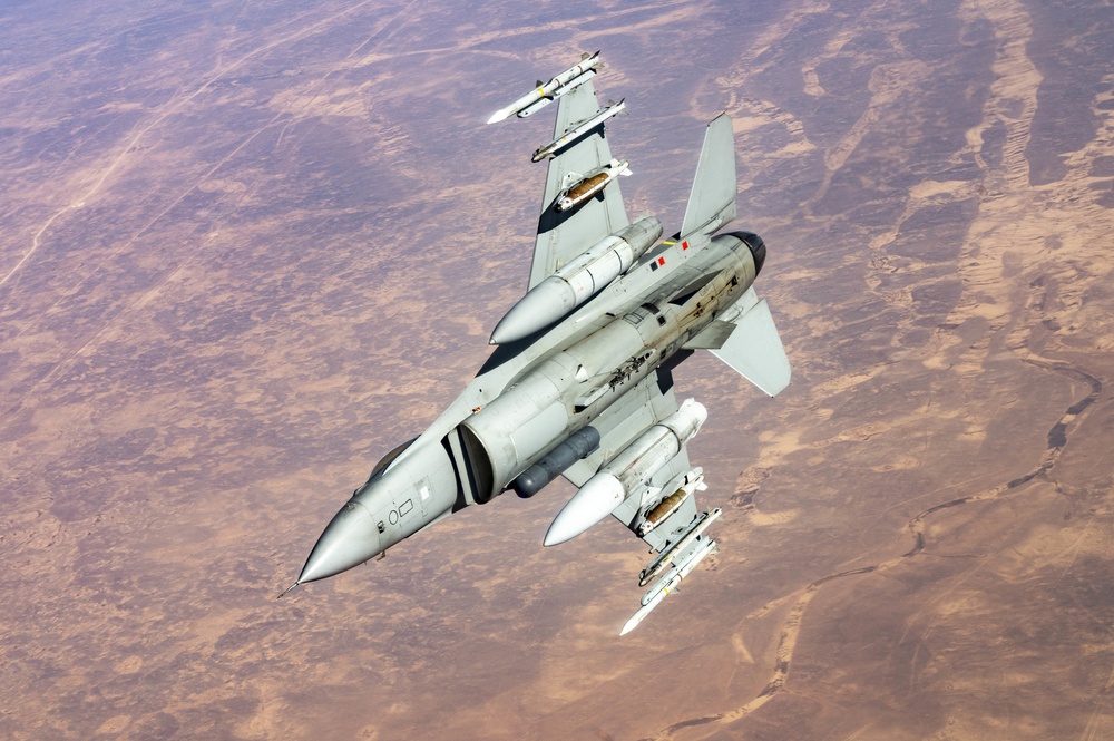 U.S. Air Force F-16 Fighting Falcon Aircraft Flies Through The Sky