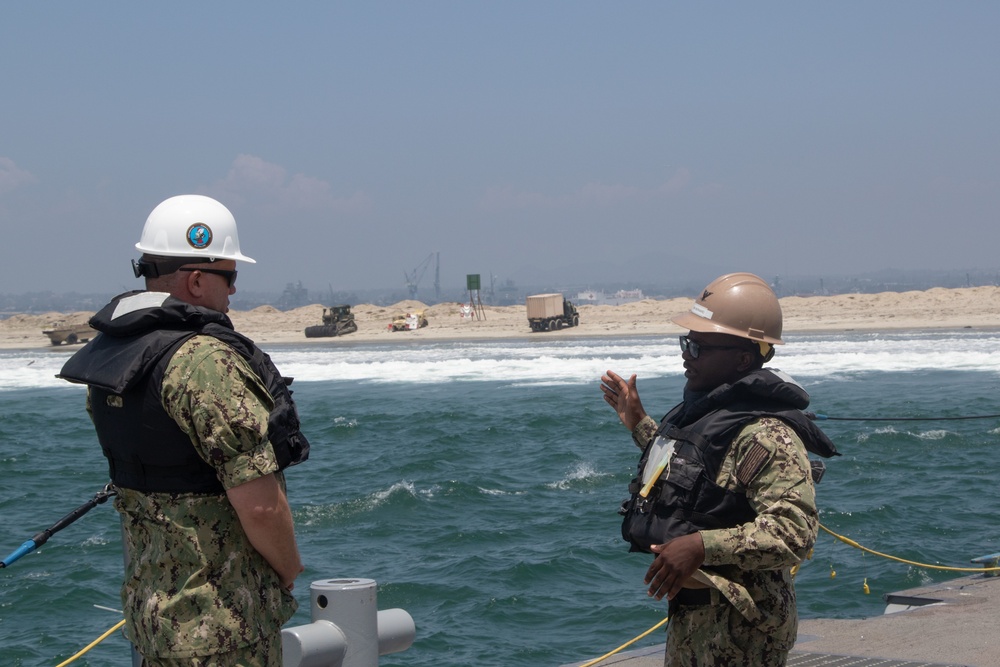 FORCM Greg Carlson Visits ACB 1 While Conducting Floating Causeway Training with ACU 1 and BMU 1