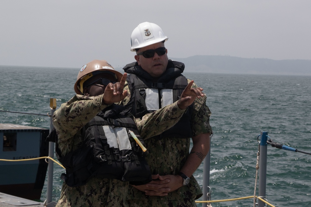 FORCM Greg Carlson Visits ACB 1 While Conducting Floating Causeway Training with ACU 1 and BMU 1