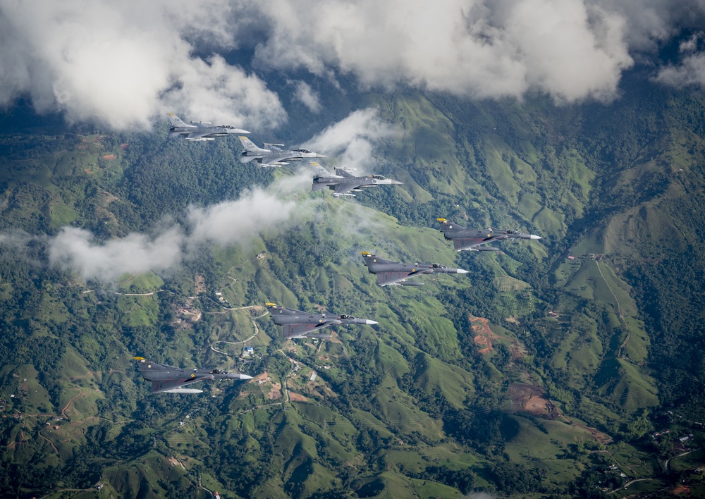 F-16s and Kfirs fly in formation over Colombia