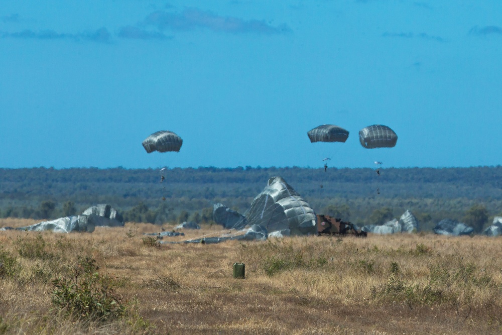 Spartan Brigade paratroopers jump over Queensland, Australia during Exercise Talisman Sabre 21