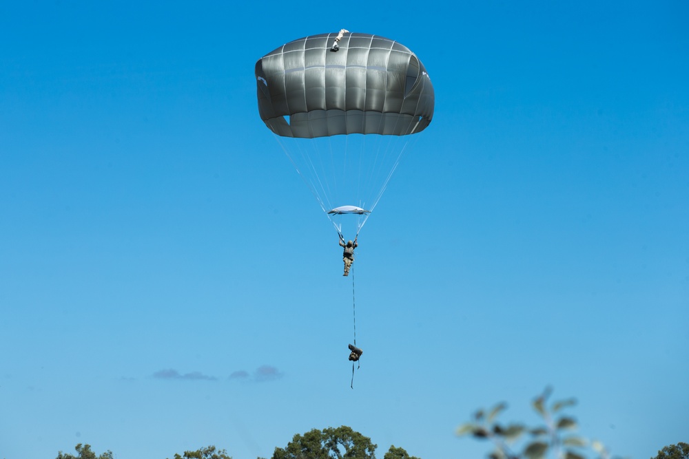 Spartan Brigade paratroopers jump over Queensland, Australia during Exercise Talisman Sabre 21