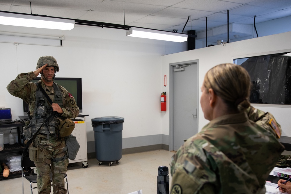 U.S. Army Cpt. Ryan Rose renders a salute at the oral board during the Army Medicine 2021 Best Leader Competition