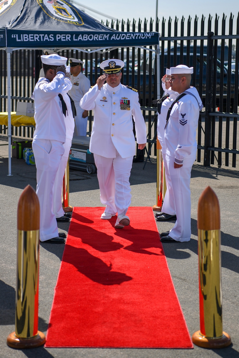 Cmdr. James Davenport, Commanding Officer, USS Independence (LCS 2) arrives at decommissioning