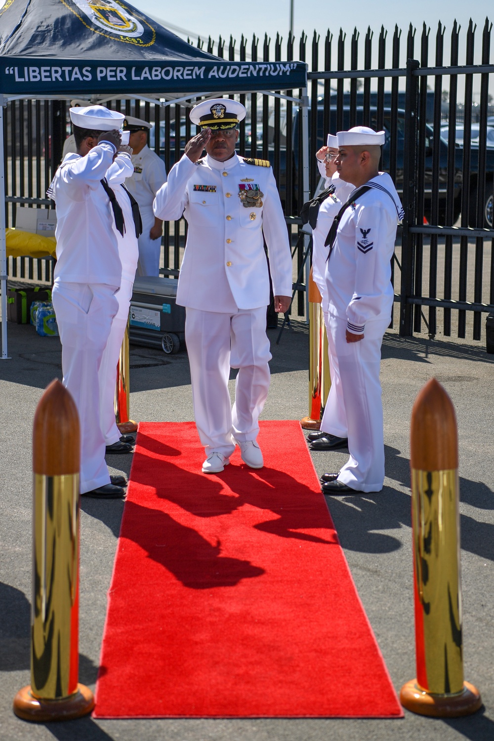 Capt. Michael B. Riley, Chief of Staff, NSTC, arrives at USS Independence (LCS 2) decommissioning