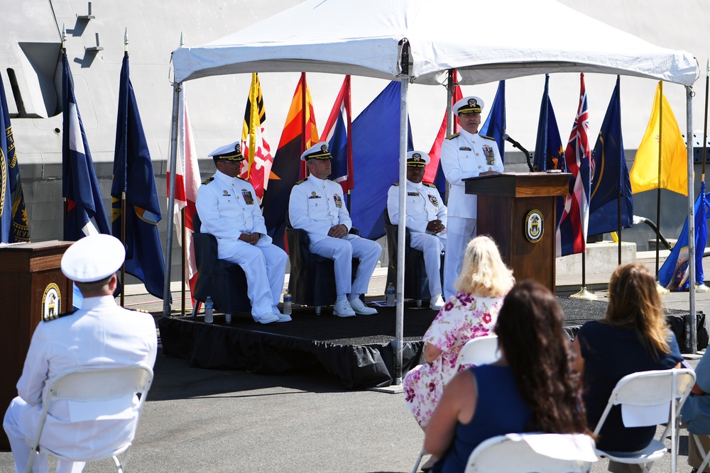 Vice Adm. Roy I. Kitchener, Commander, NSF, U.S. Pacific Fleet, addresses ship's crew and guests at USS Independence (LCS 2) decommissioning