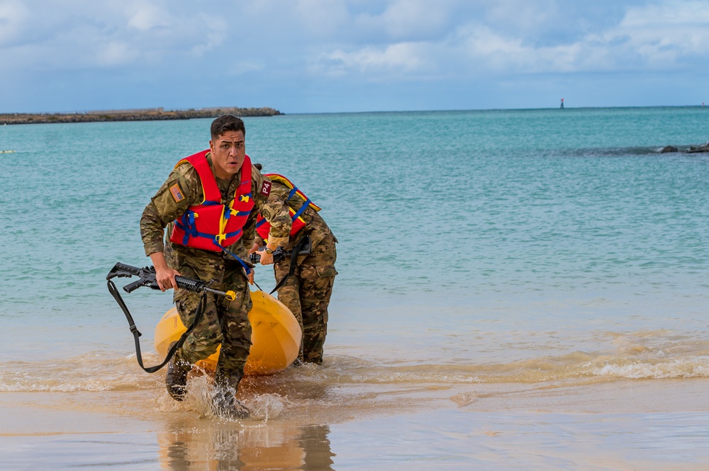 U.S. Army Spc. Jarrett Rodriguez; a combat medic with Desmond Doss Health Clinic; drags a canoe during the U.S. Army Medical Command (MEDCOM) 2021 Best Leader Competition