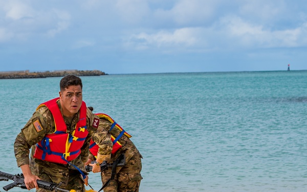 U.S. Army Spc. Jarrett Rodriguez; a combat medic with Desmond Doss Health Clinic; drags a canoe during the U.S. Army Medical Command (MEDCOM) 2021 Best Leader Competition