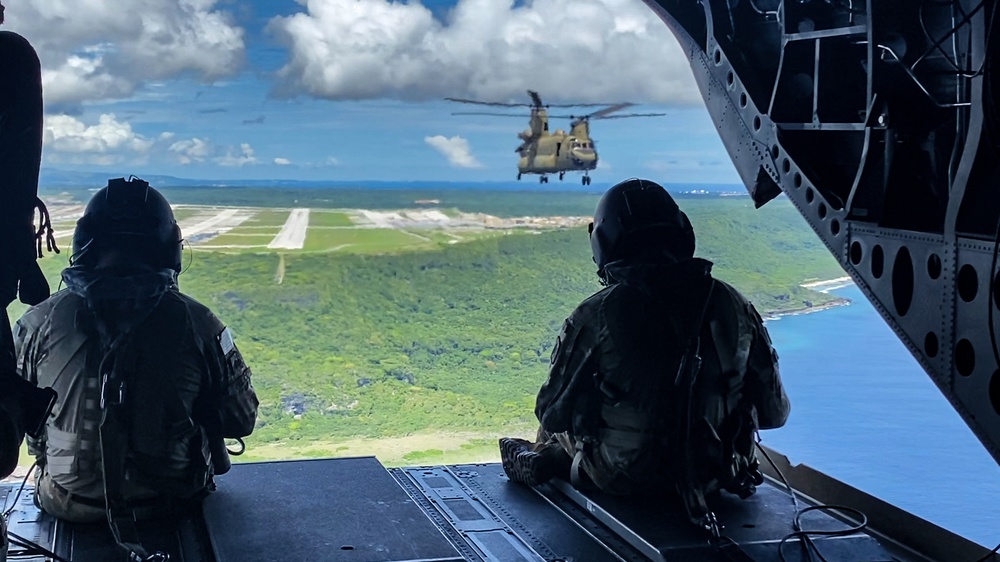 CH-47 Chinooks take flight to Tinian for FARP mission during Forager 21