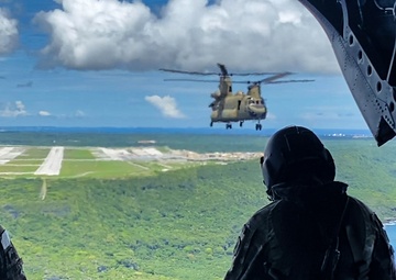 CH-47 Chinooks take flight to Tinian for FARP mission during Forager 21