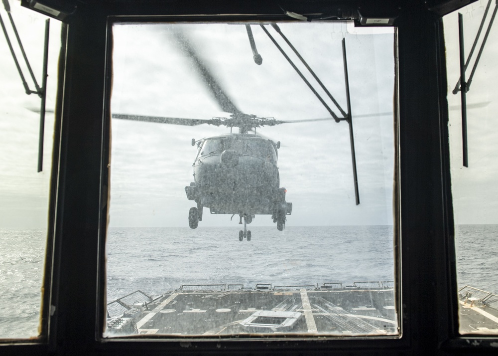 An MH-60R Seahawk assigned to the “Warlords” of Helicopter Maritime Strike Squadron (HSM-51) takes flight