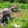 Two military personnel in MARPAT digital camouflage uniforms are crawling through a muddy water obstacle during what appears to be a training exercise. The foreground soldier, identified by a name tape reading 'MUIRHEAD,' is prone in shallow muddy water while aiming a rifle. A sign in the background reads 'THE QUIGLEY,' which is a well-known Marine Corps obstacle course water obstacle.
