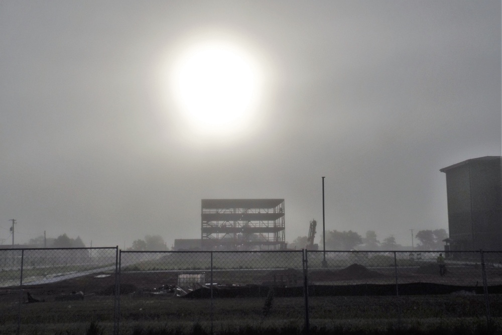 Foggy day of fiscal year 2020-funded barracks project work at Fort McCoy