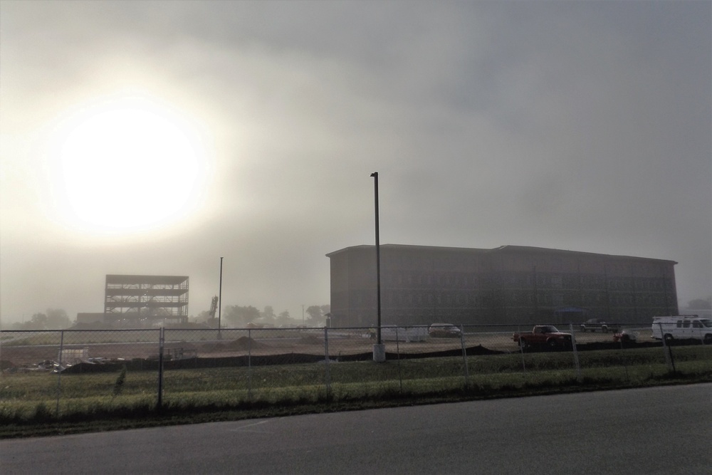 Foggy day of fiscal year 2020-funded barracks project work at Fort McCoy
