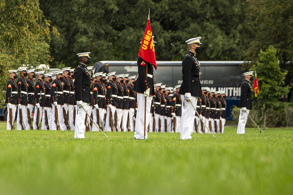 Barracks Marines perform at Marine Corps War Memorial for Tuesday Evening Parade