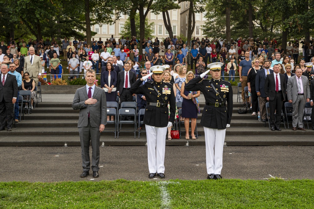 Barracks Marines perform at Marine Corps War Memorial for Tuesday Evening Parade
