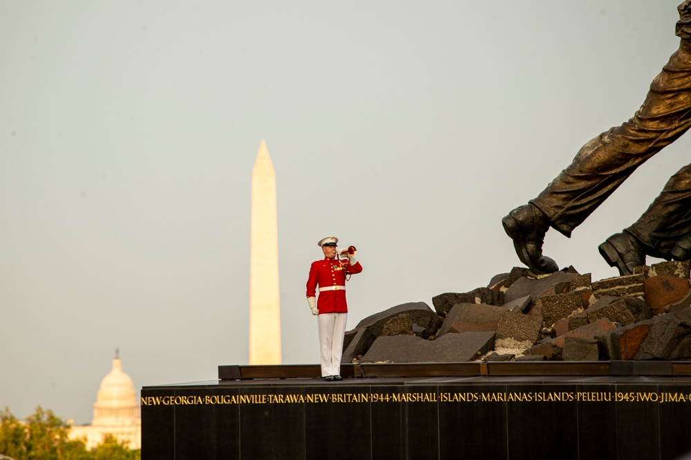 Barracks Marines perform at Marine Corps War Memorial for Tuesday Evening Parade