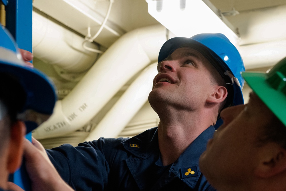 Members aboard Coast Guard Cutter Munro participate in damage control training