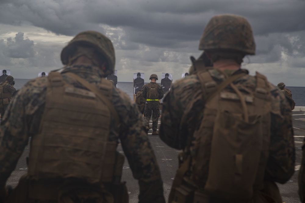 Marines with the 31st MEU conduct a Deck Shoot aboard the USS New Orleans