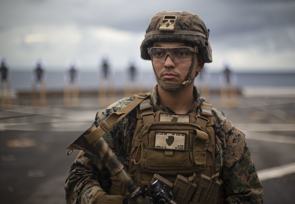 Marines with the 31st MEU conduct a Deck Shoot aboard the USS New Orleans