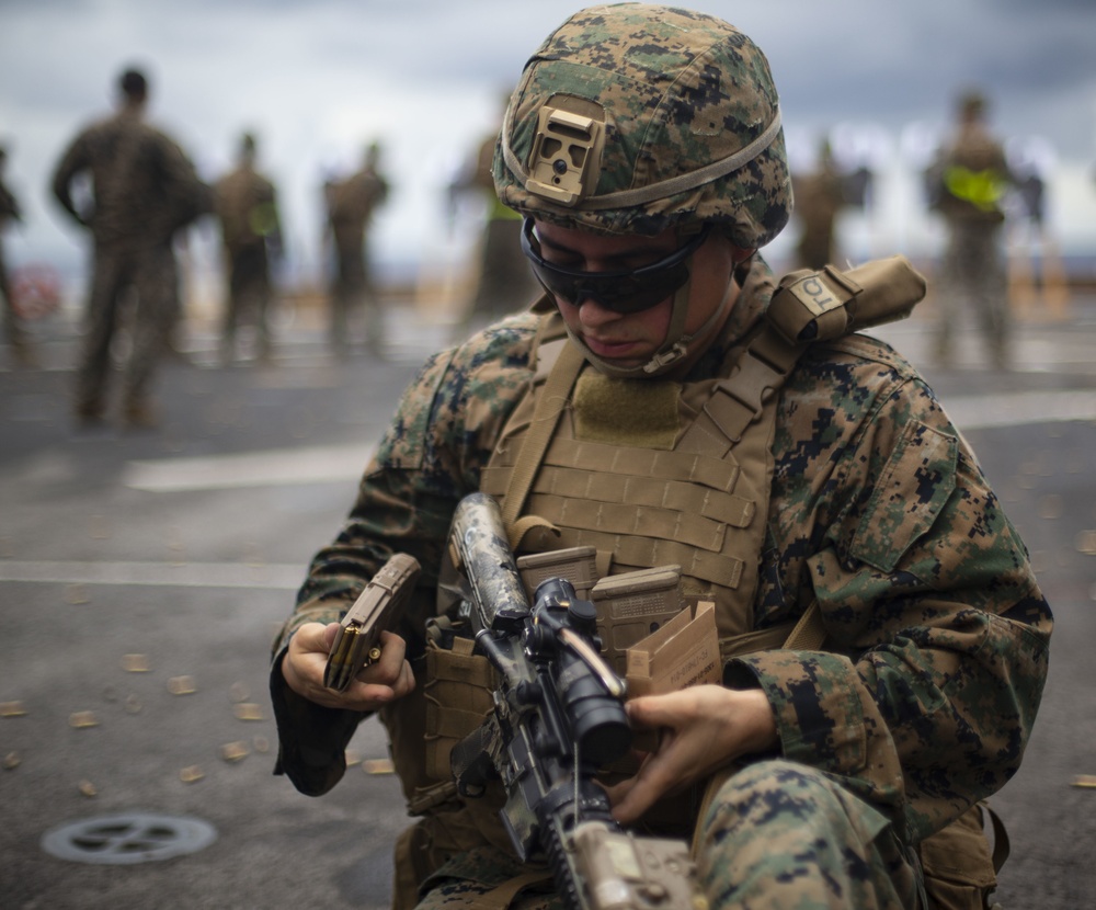 Marines with the 31st MEU conduct a Deck Shoot aboard the USS New Orleans