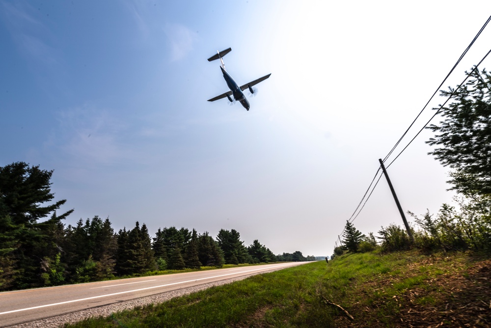 Aircraft landing along highway during Northern Strike 21
