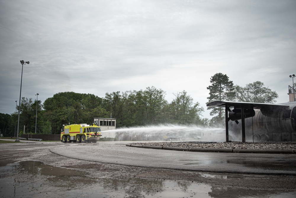 Latvian and Alpena CRTC firefighters simulate aircraft fire